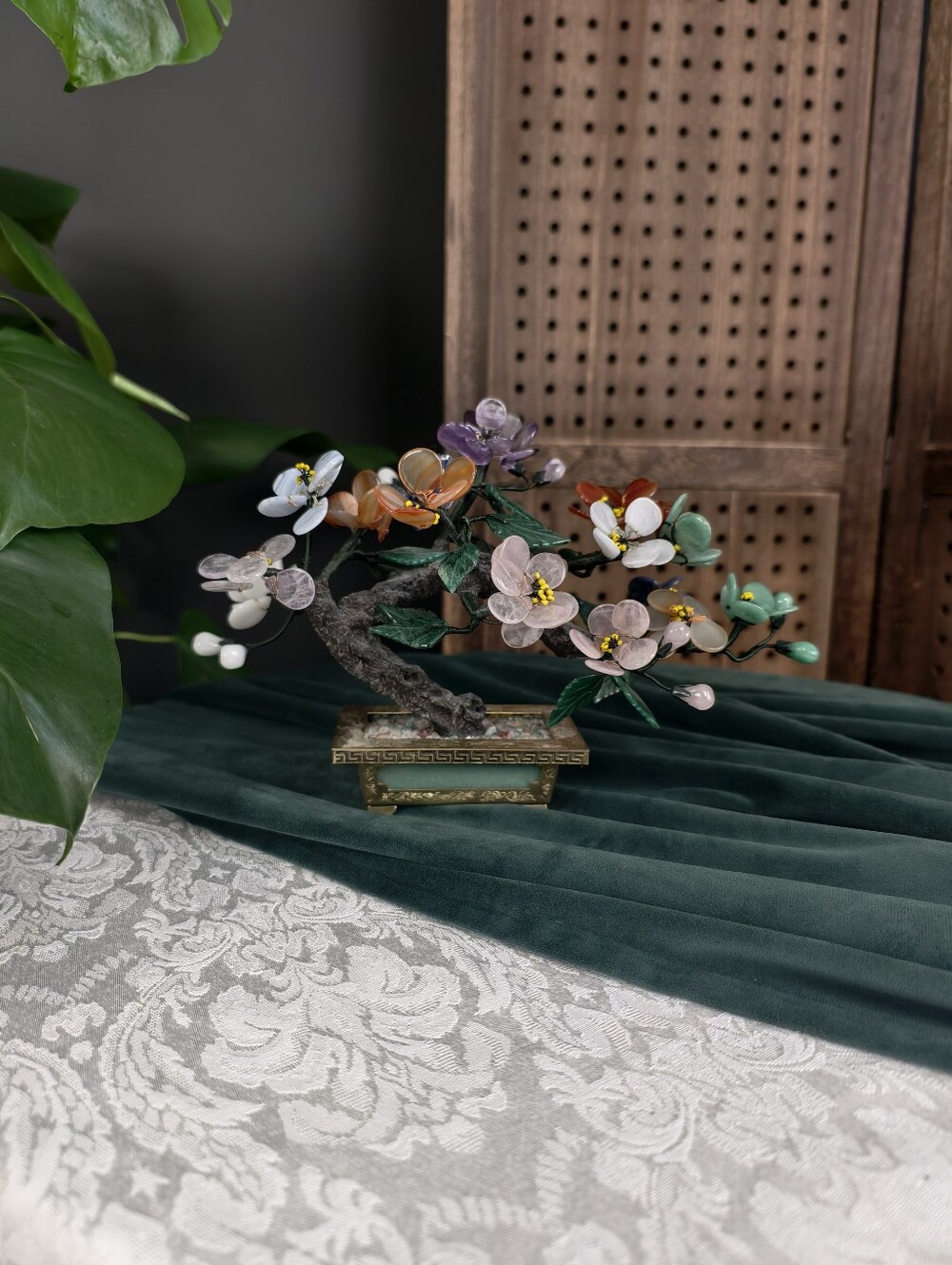Vintage Chinese "Jade" Flower Tree — Multi Gemstone Bonsai Tree